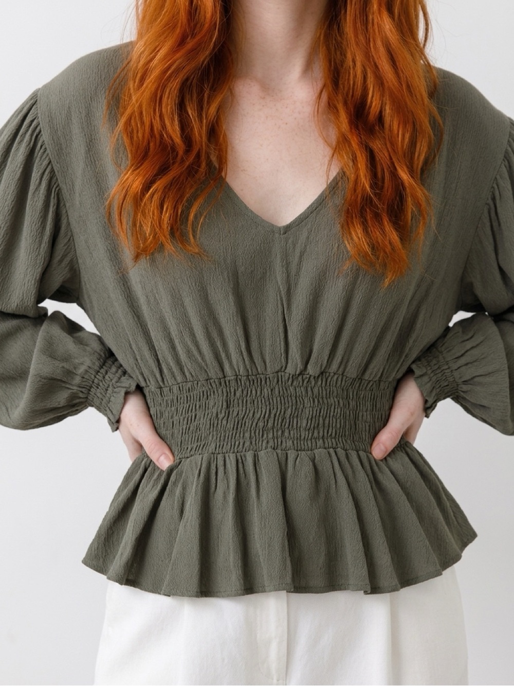 Olive Green V-Neck Smocked Peplum Top